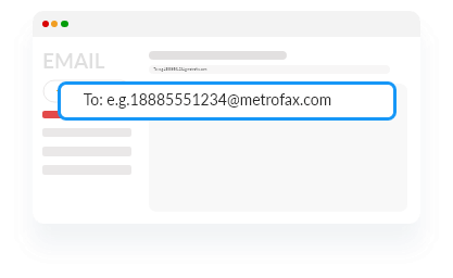 Compose a new email message and in the "To" box, type the recipient’s fax number (with country and area code) followed by @metrofax.com <span class="word-break">(e.g.18885551234@metrofax.com).</span>